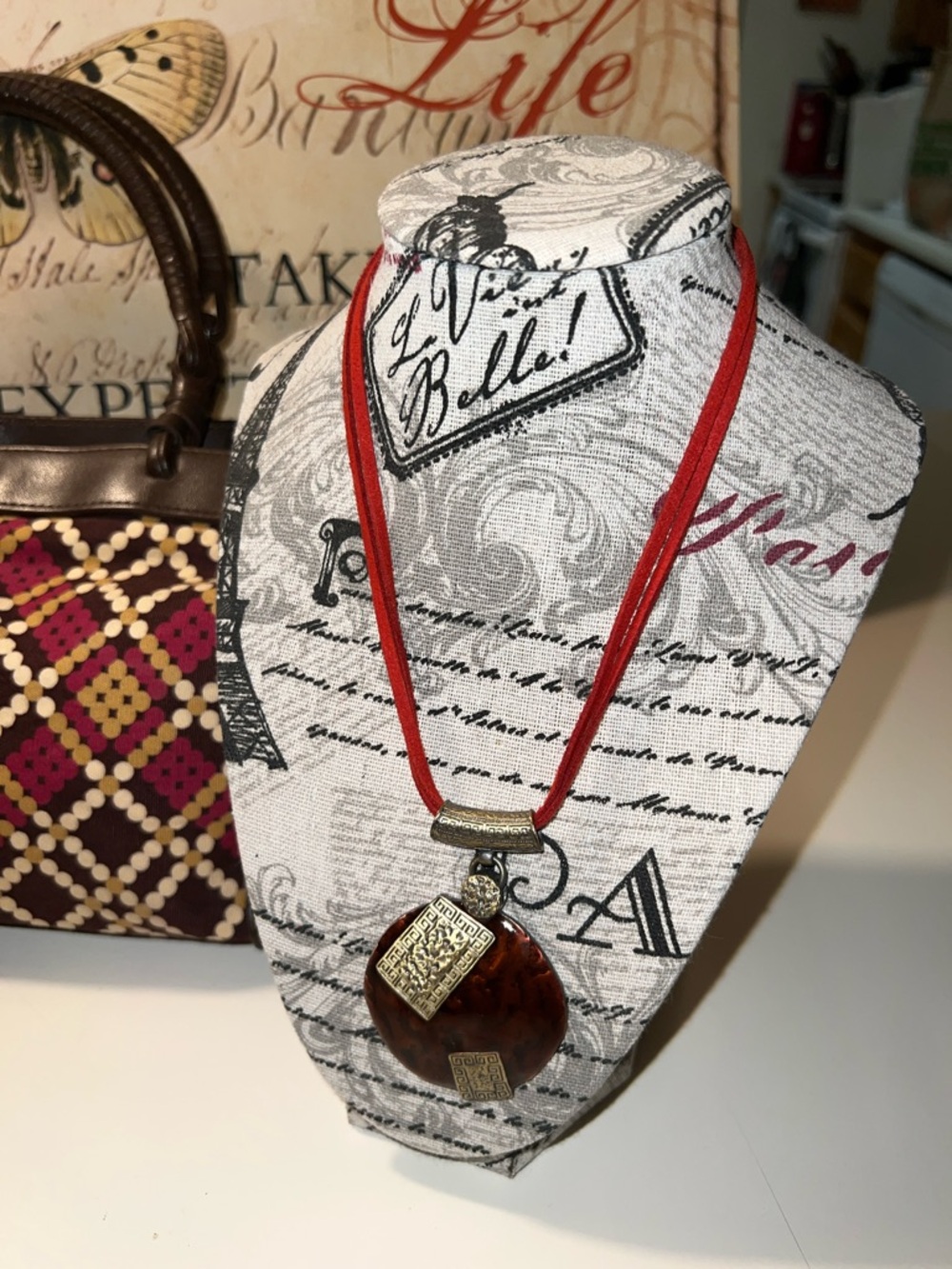 Tortoiseshell Drop Pendant Necklace on Red Cord